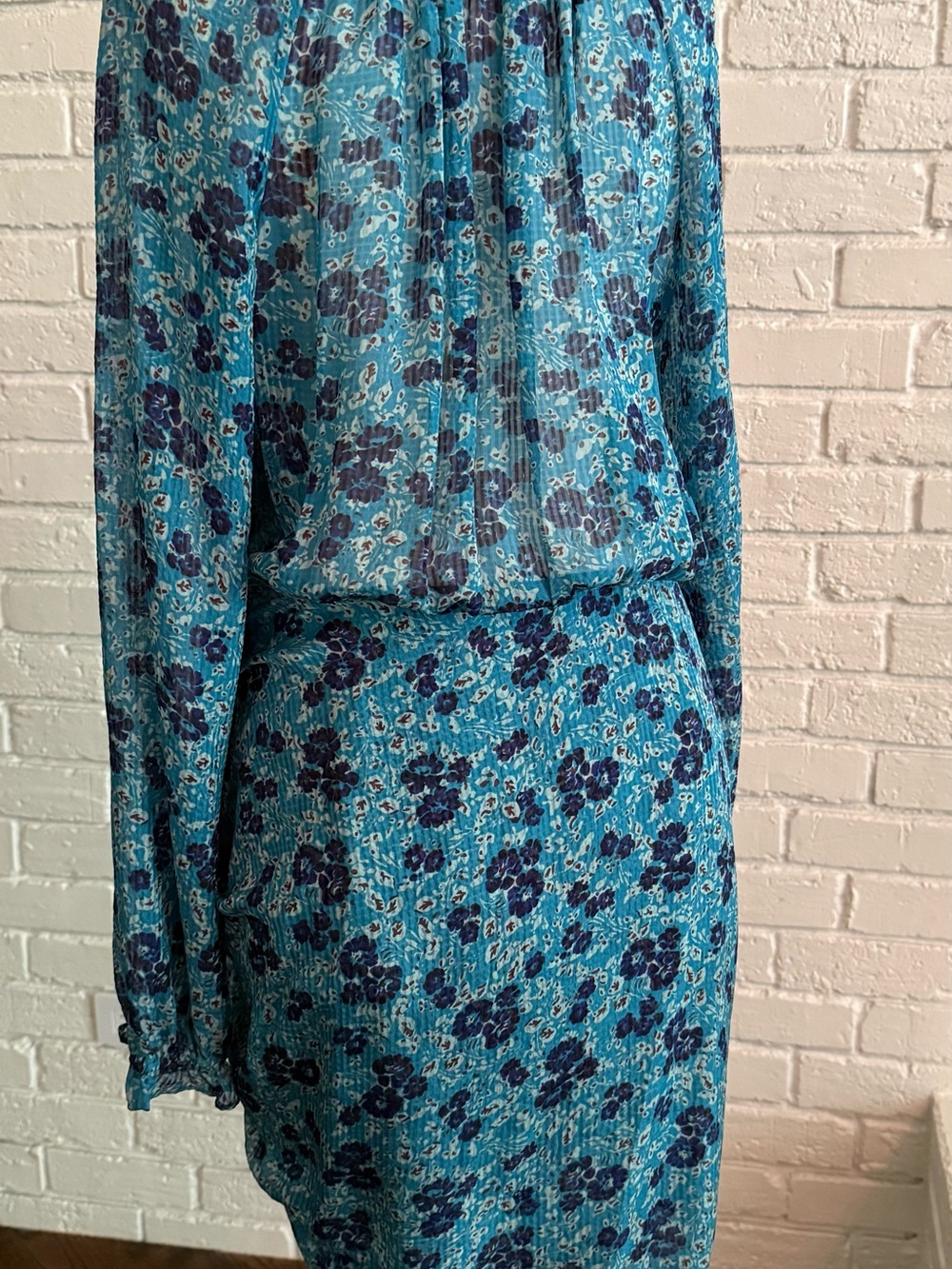 Veronica Beard Teal Blue Floral Long-Sleeve Dress - Picture 3 of 4